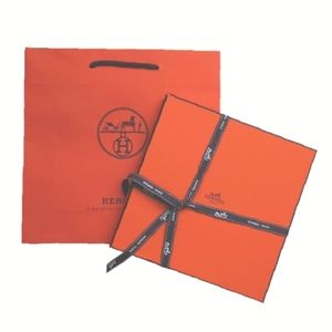 HERMES Authentic Square Scarf Box with Ribbon and Shopping Gift Bag Bundle
